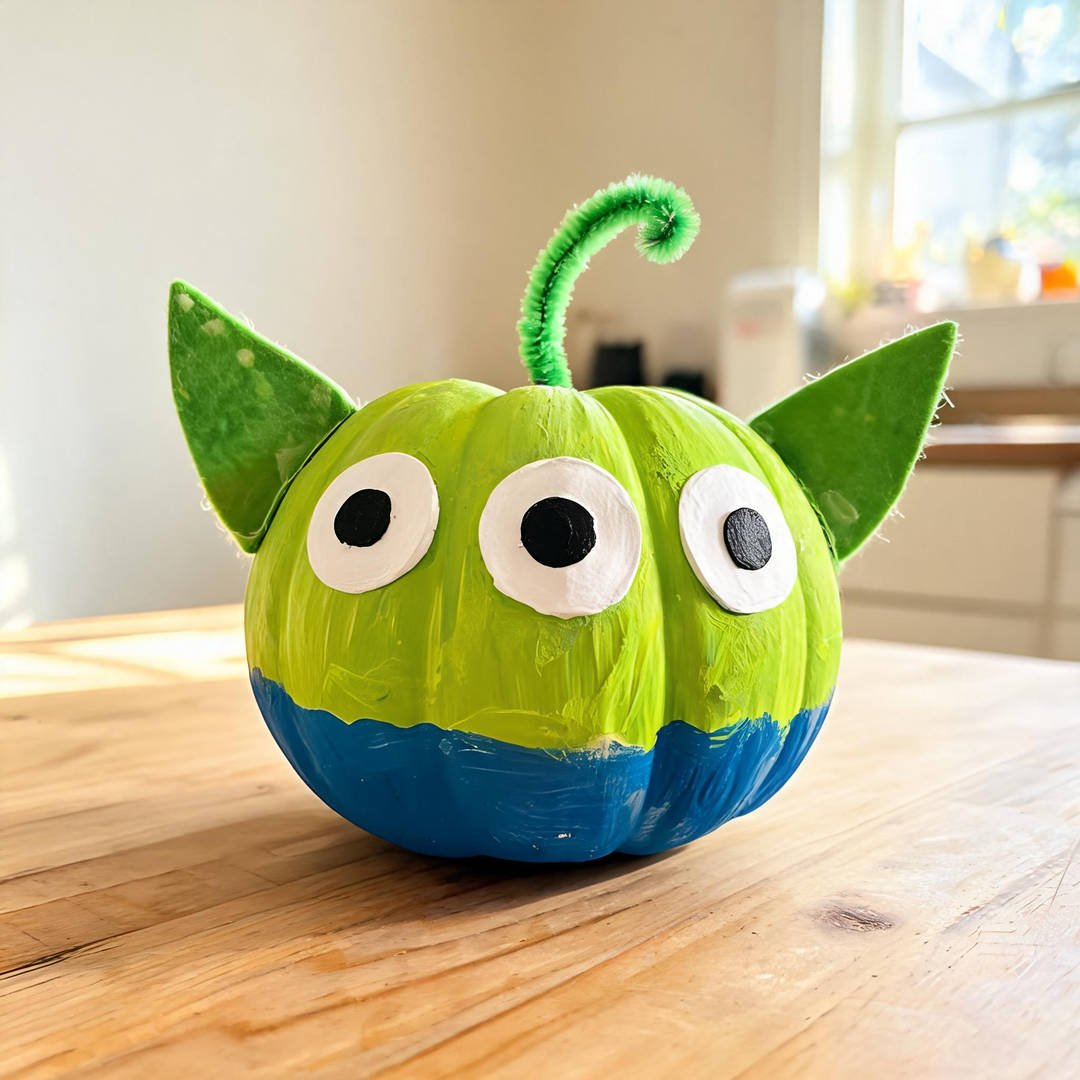 Toy Story Little Green Alien Pumpkin - Neon lime green pumpkin with three googly eyes, pointed felt ears, and a royal blue collar base
