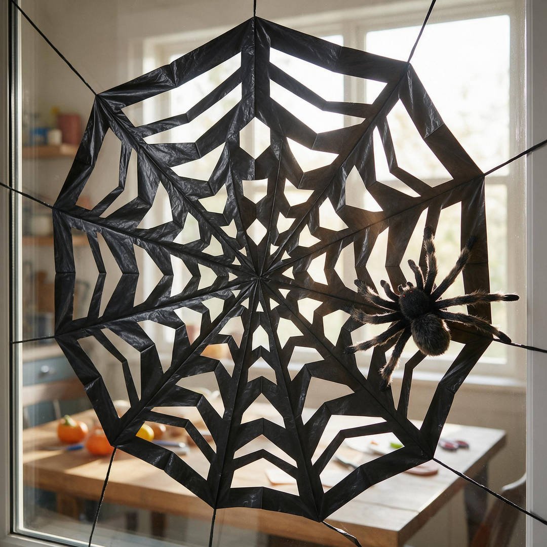 Trash Bag Giant Window Spider Webs - 4-foot giant geometric spiderweb cut from a black plastic trash bag taped against a bright window