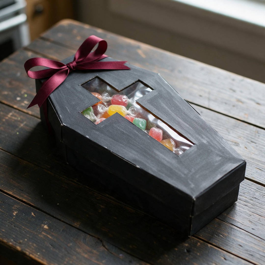 Vampire Coffin Peek-a-Boo Treat Box - Matte black coffin-shaped treat box with clear window displaying wrapped gummy candies