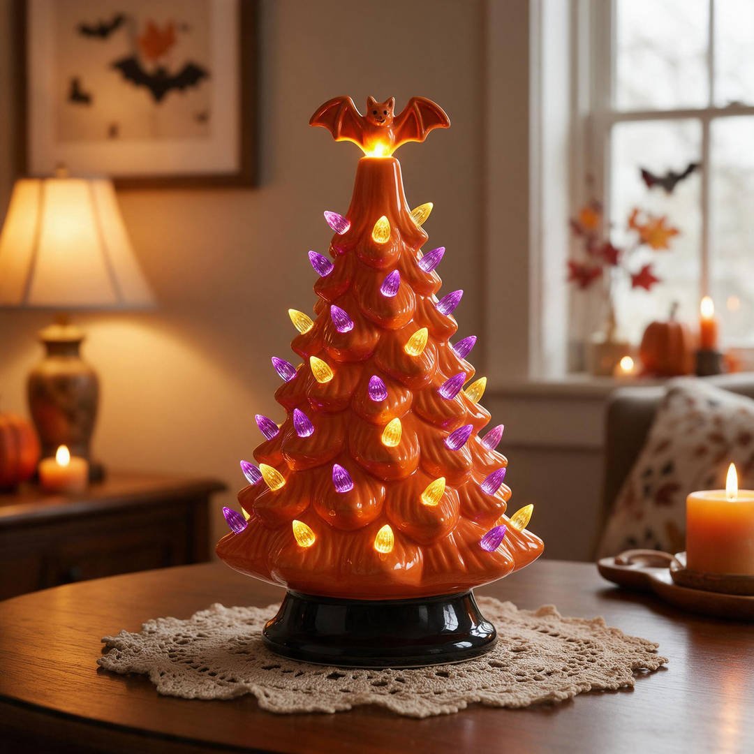 A nostalgic glossy black-and-orange illuminated ceramic Halloween tabletop tree with tiny purple and orange plastic bulbs