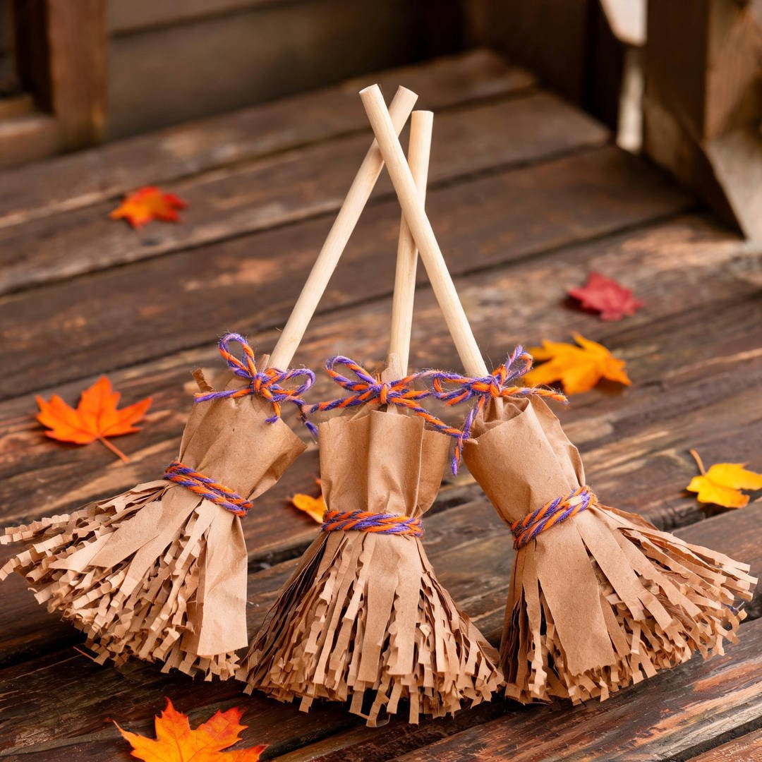Witch's Broomstick Brown Bag Treat Favor - Fringed brown paper craft bag shaped like a miniature witch broom with ribbon