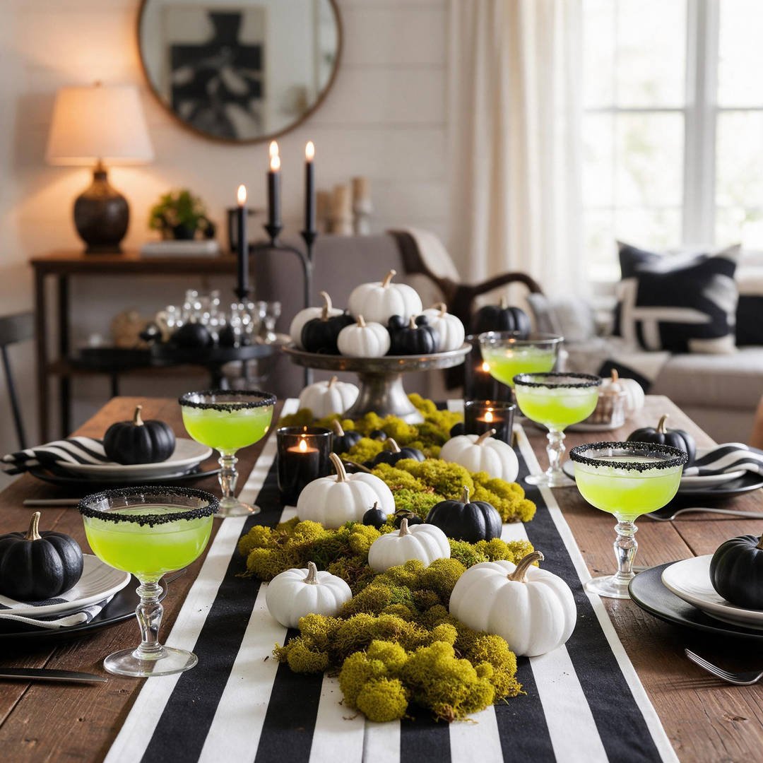 25+ Spooky Beetlejuice Halloween Decorations (Sandworm DIYs!) 8 A dining table dressed in black-and-white striped table runners, preserved green moss, radioactive green cocktail glasses, and mini striped pumpkins