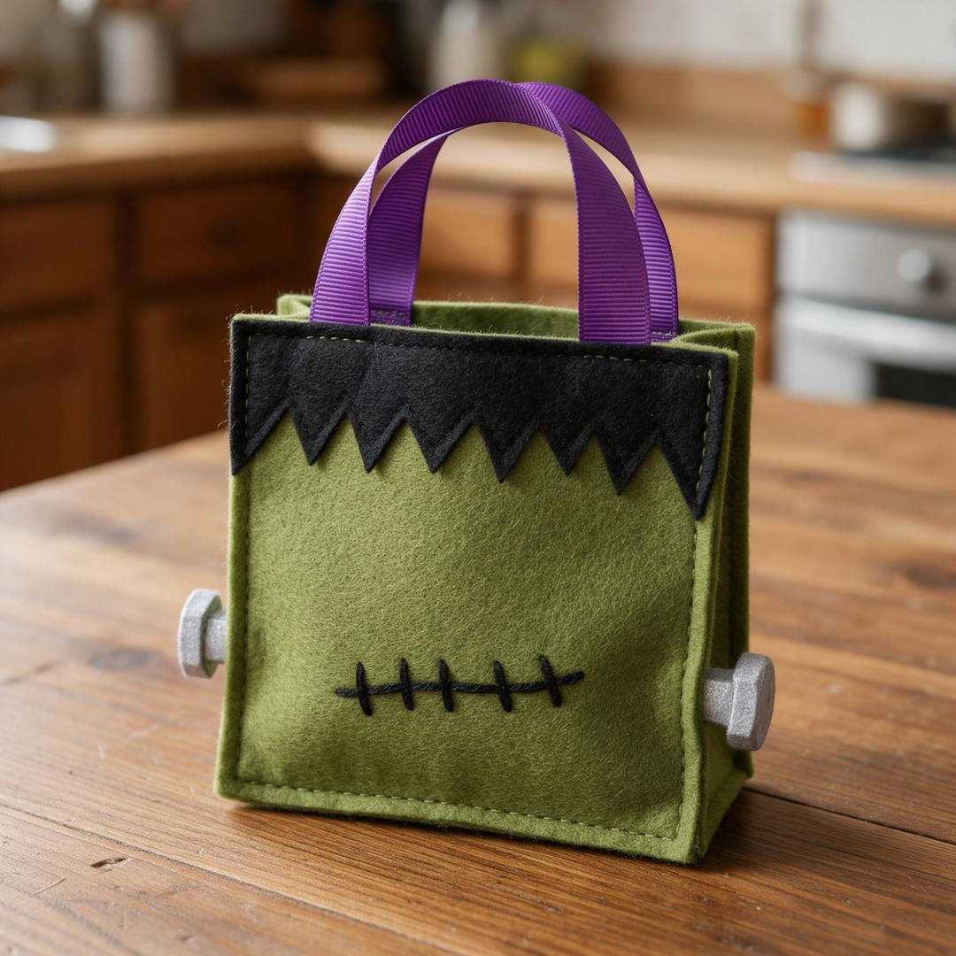 Black Felt Frankenstein Pouch with Ribbon Handles - Handmade soft green and black felt favor pouch with glued stitches and purple ribbon