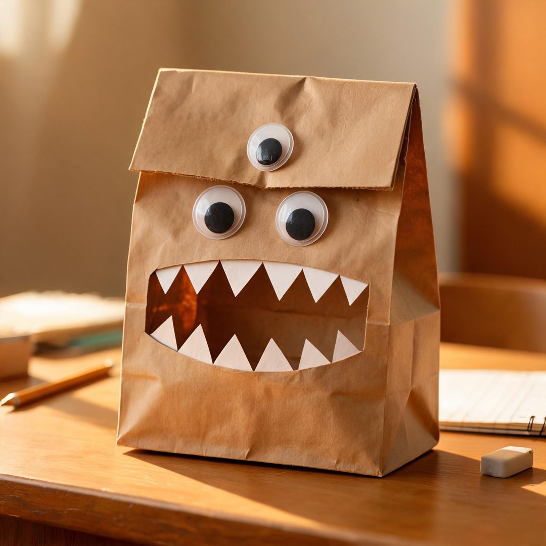 10 Easy Halloween Crafts for School (Grades 1-5) 7 Brown Lunch Bag Monster Puppet - Brown paper sack hand puppet with goofy teeth and googly eyes