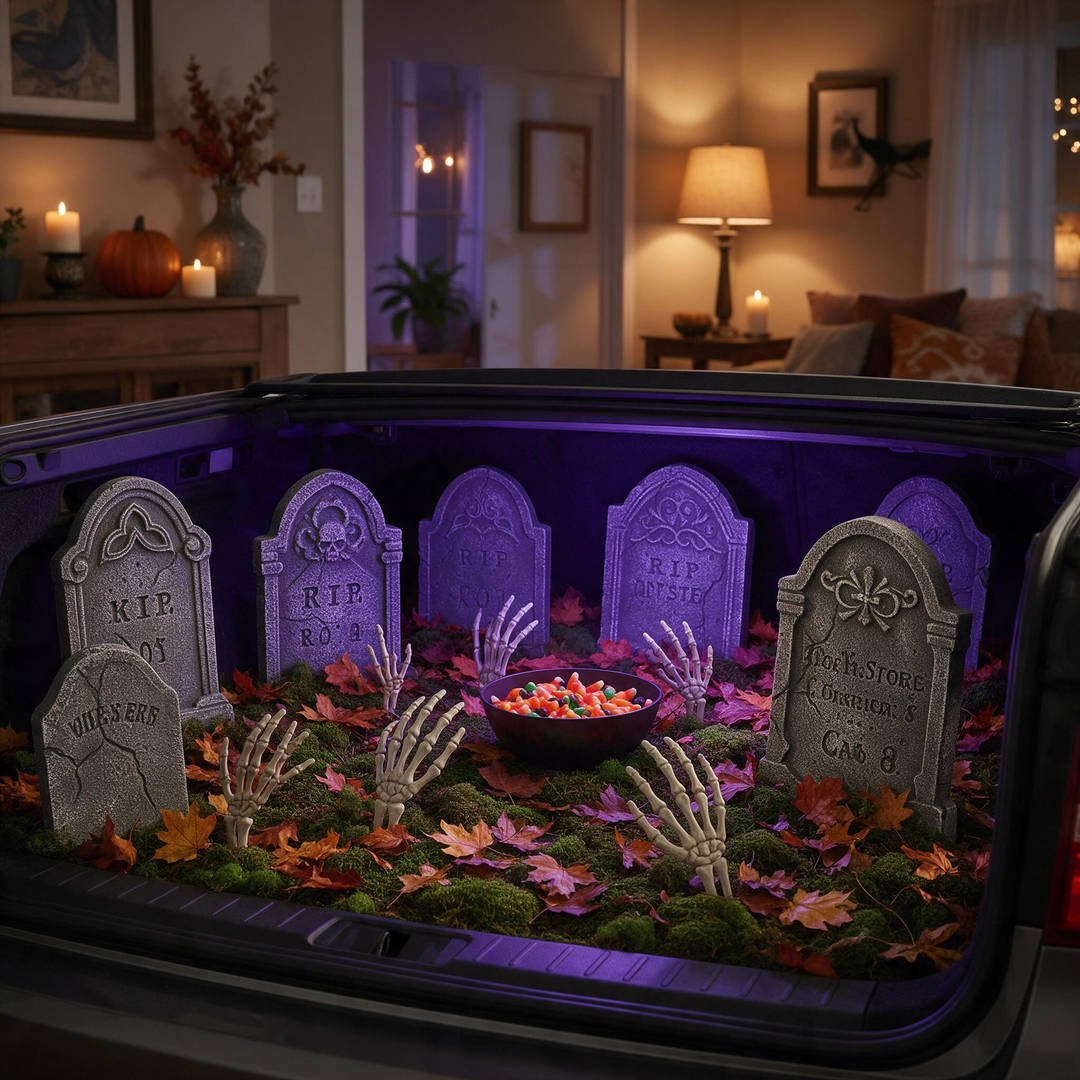 30+ Easy Car Halloween Decorations (Trunk or Treat Ideas!) 8 An open car trunk transformed into an old cemetery with mossy cardboard tombstones plastic skeleton bones and purple uplighting