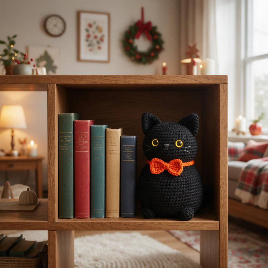 25+ Cute Crochet Halloween Decorations (Free Patterns & DIYs!) 8 A cute chubby black crochet cat plushie wearing an orange bow tie sitting on an open bookshelf