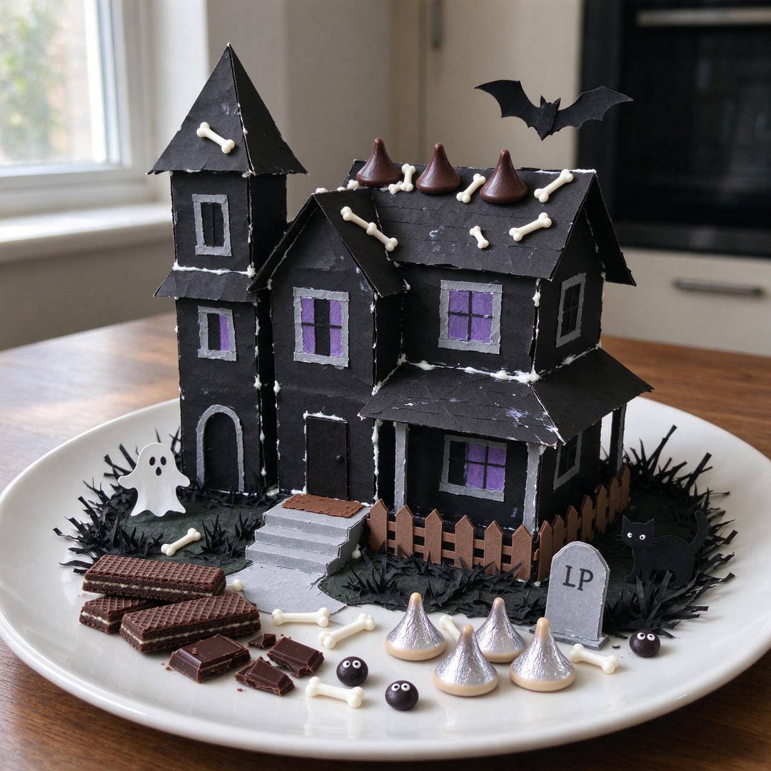 Crushed Oreo Cookie Haunted Manor - Black chocolate wafer cookie house with white icing drips and bone sprinkles