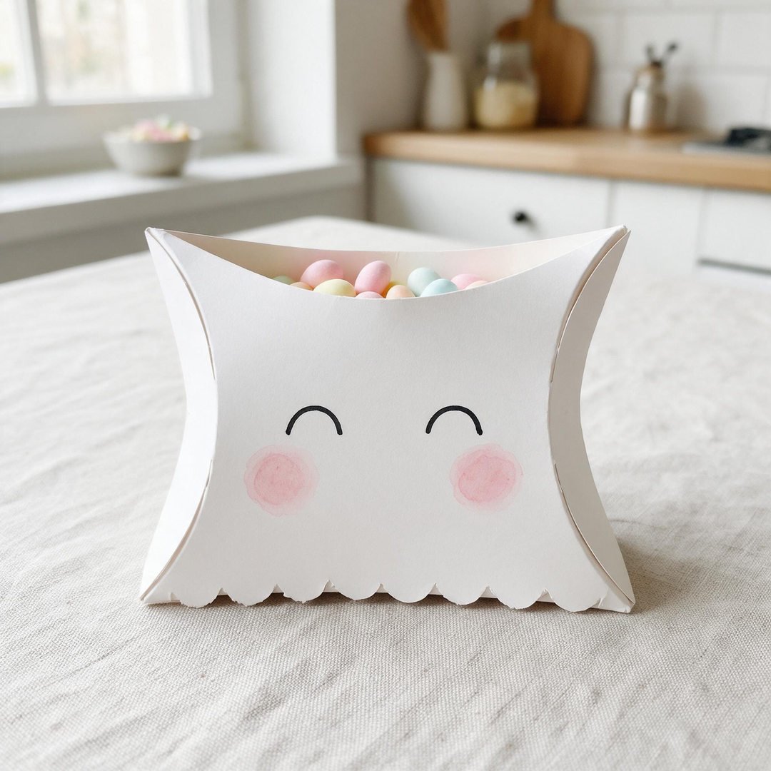 Cute Pastel Ghost Surprise Box - Soft white pillow treat box with hand-drawn kawaii ghost face and pastel pink cheeks