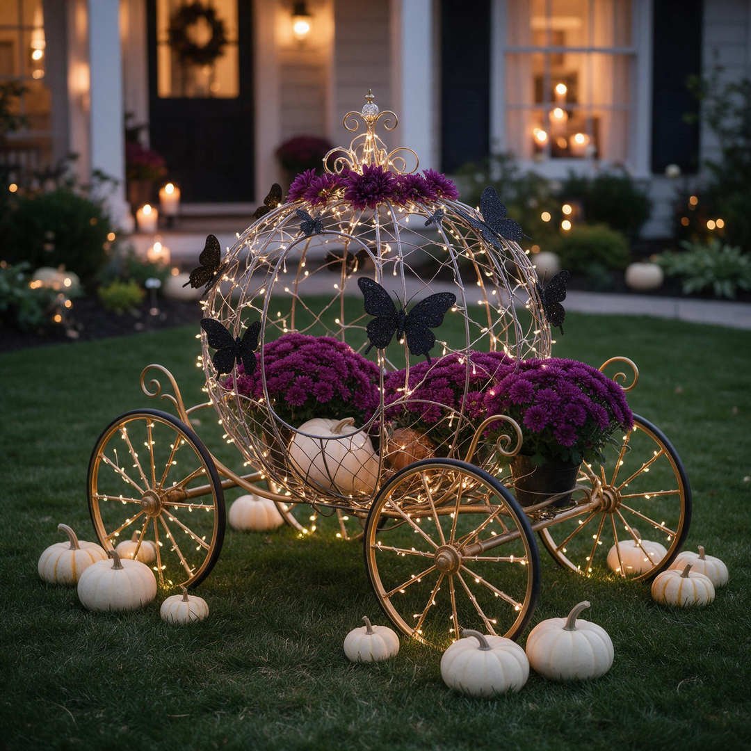 25+ Magical Disney Halloween Outdoor Decorations (Mickey Pumpkins & Haunted Mansion Ideas!) 8 Decorative Cinderella pumpkin carriage on front lawn illuminated with fairy lights and dark purple mums