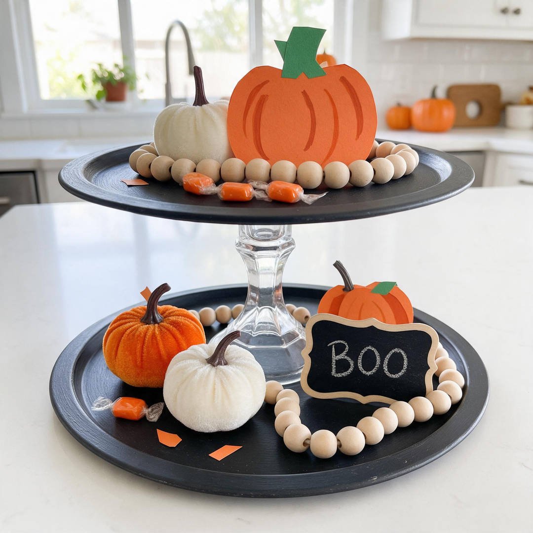 Dollar Tree Halloween Tiered Tray Stand - Two-tier black tin stand styled with mini wood beads, velvet pumpkins, and mini signs