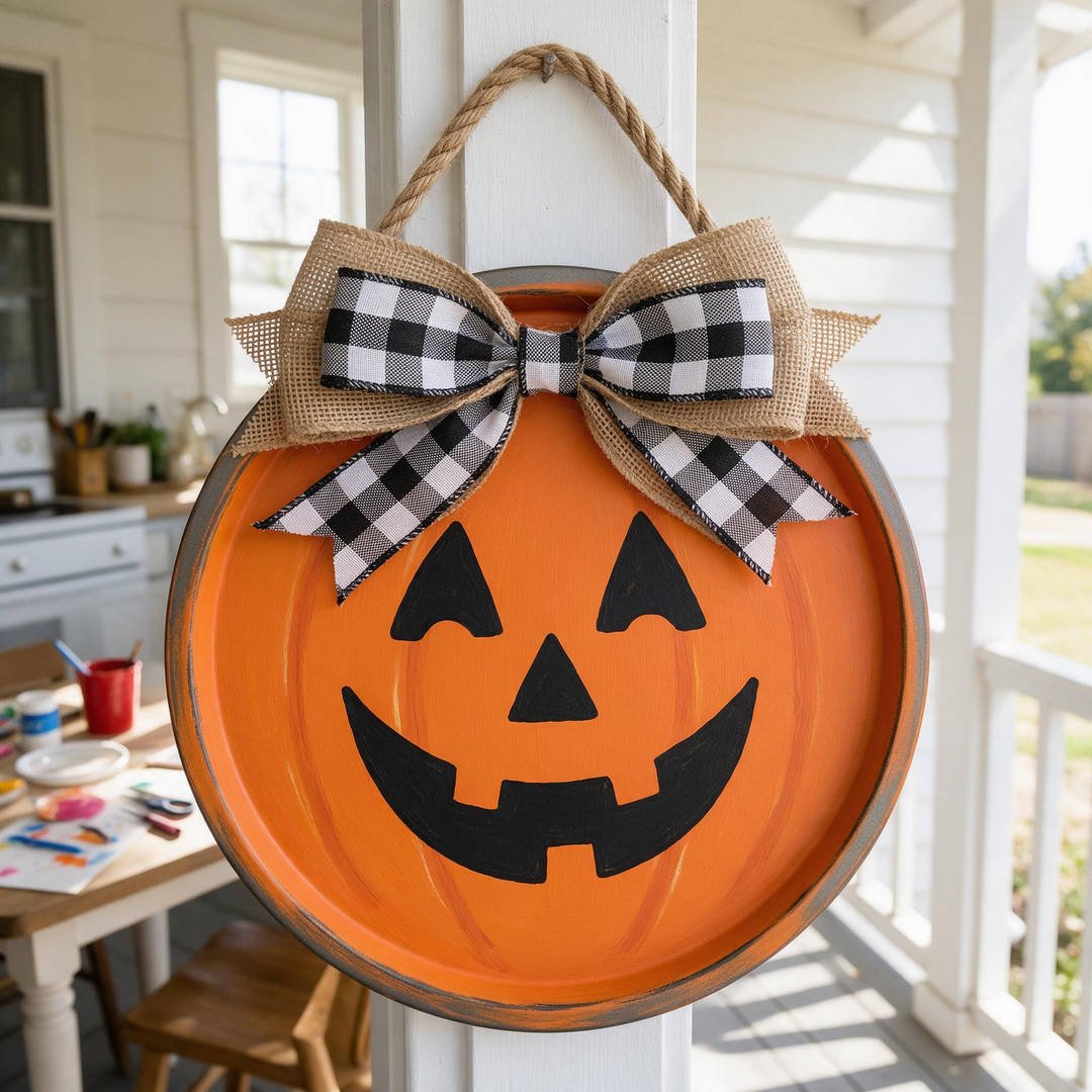 Dollar Tree Pizza Pan Pumpkin Welcome Sign - Round metal pizza pan painted distressed pumpkin orange with a black jack-o'-lantern grin and burlap ribbon