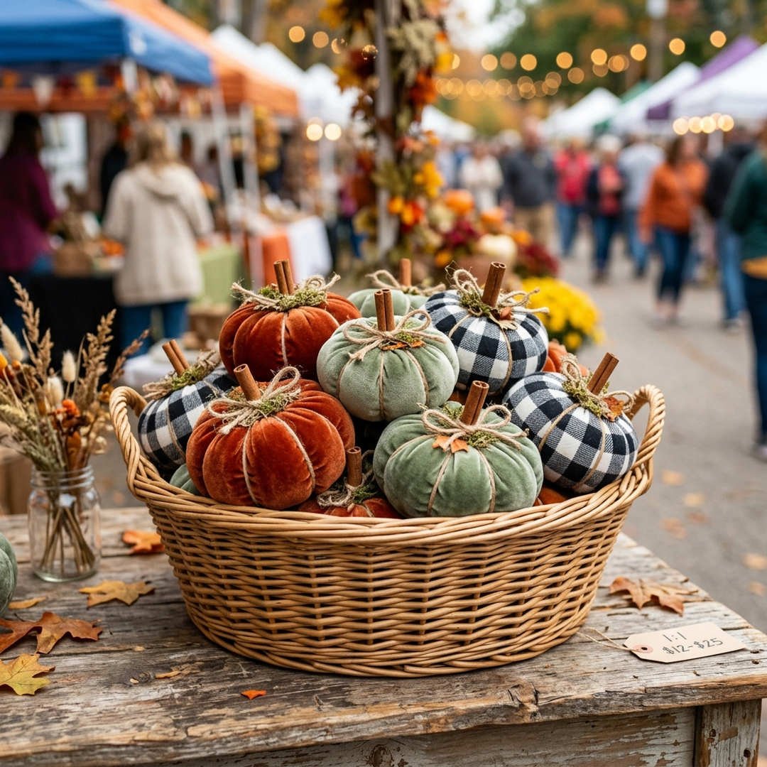 10 Best Halloween Craft Booth Ideas to Make & Sell 7 Rustic Fabric Pumpkin Harvest Basket - Cozy plush velvet and plaid fabric pumpkins arranged in a woven wicker market basket