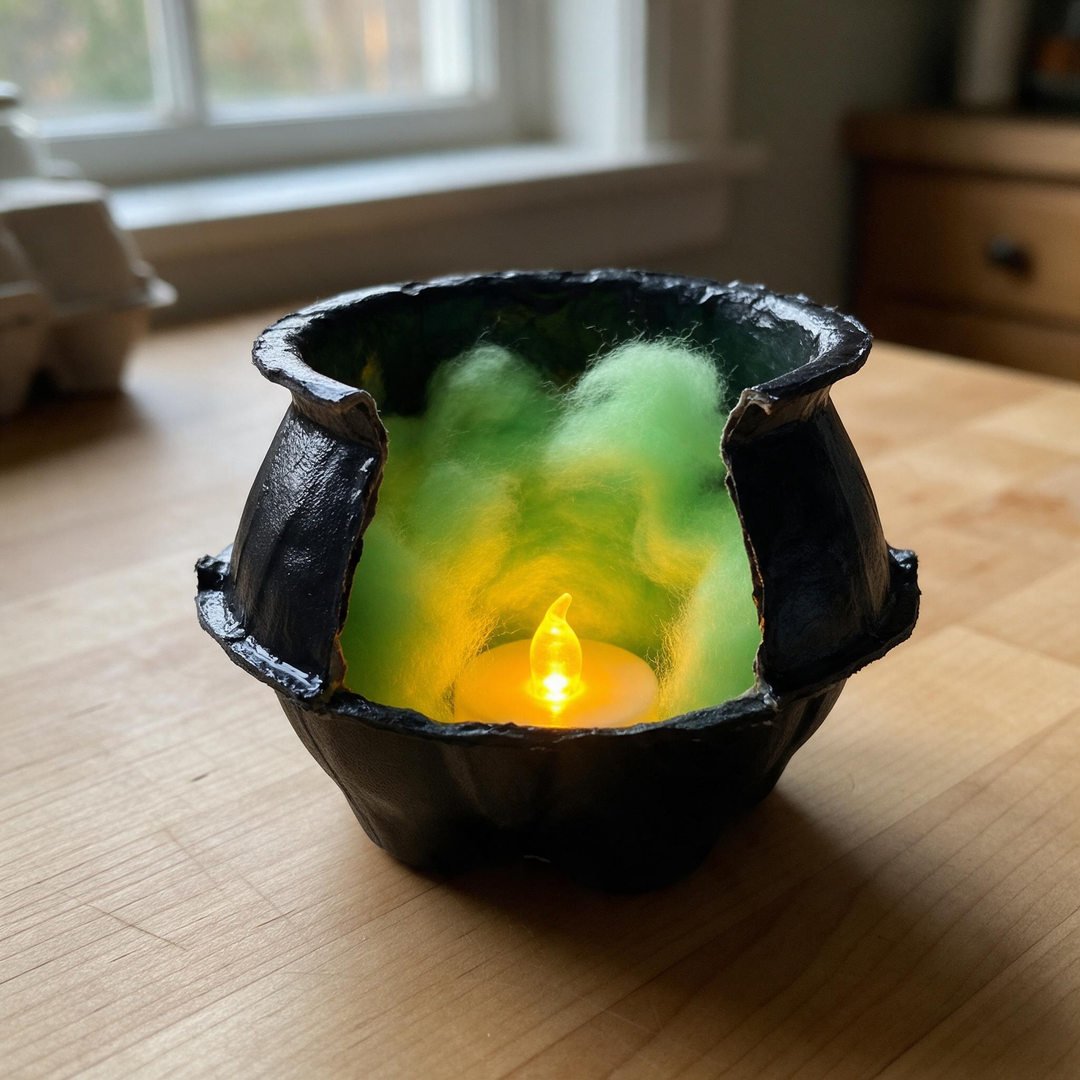 Glowing Tea Light Egg Carton Witch Cauldron