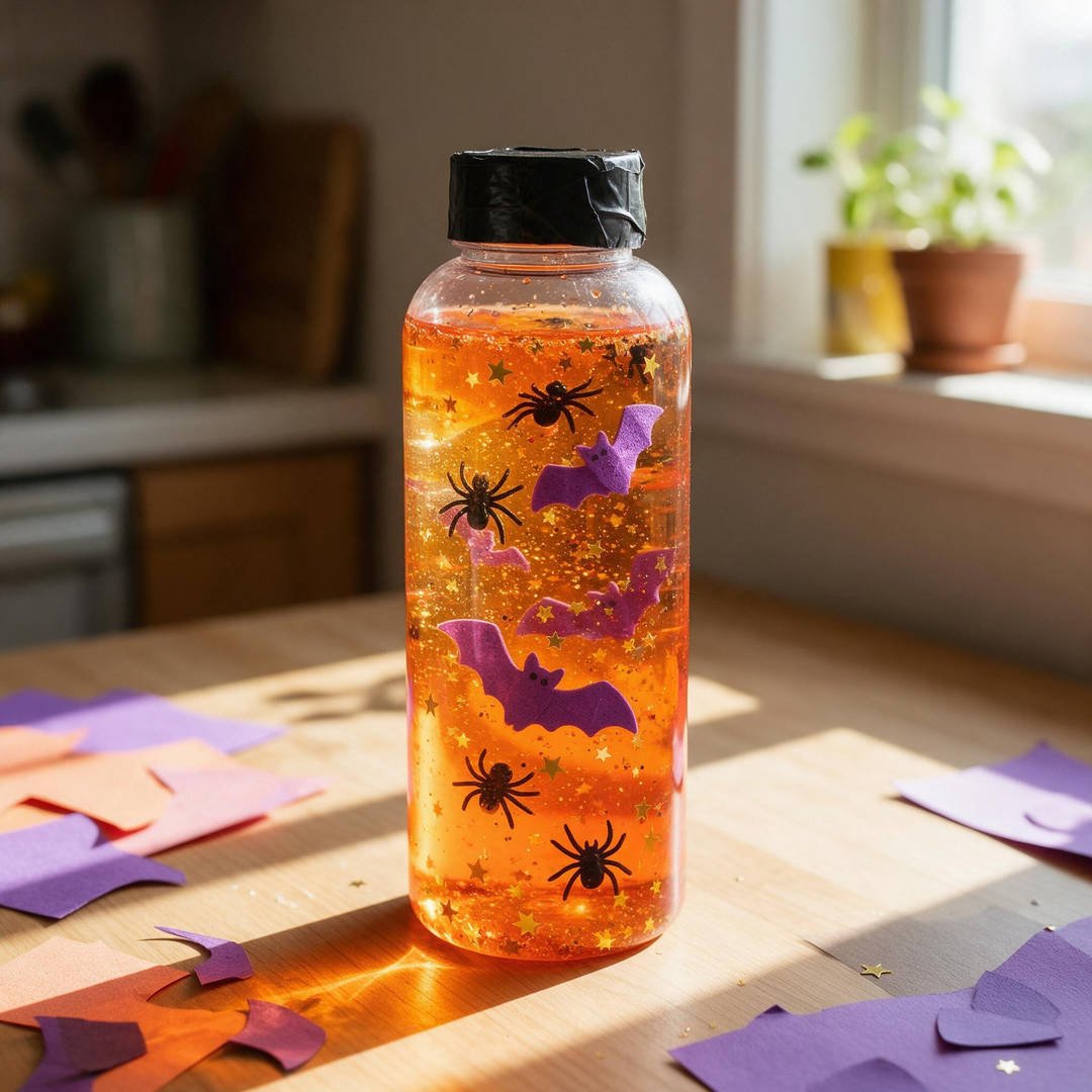 10 Easy No-Mess Halloween Crafts for Toddlers (Zero Cleanup) 7 Halloween Sensory Discovery Bottles - Clear plastic sensory bottle filled with orange liquid, floating plastic spiders, and suspended glitter