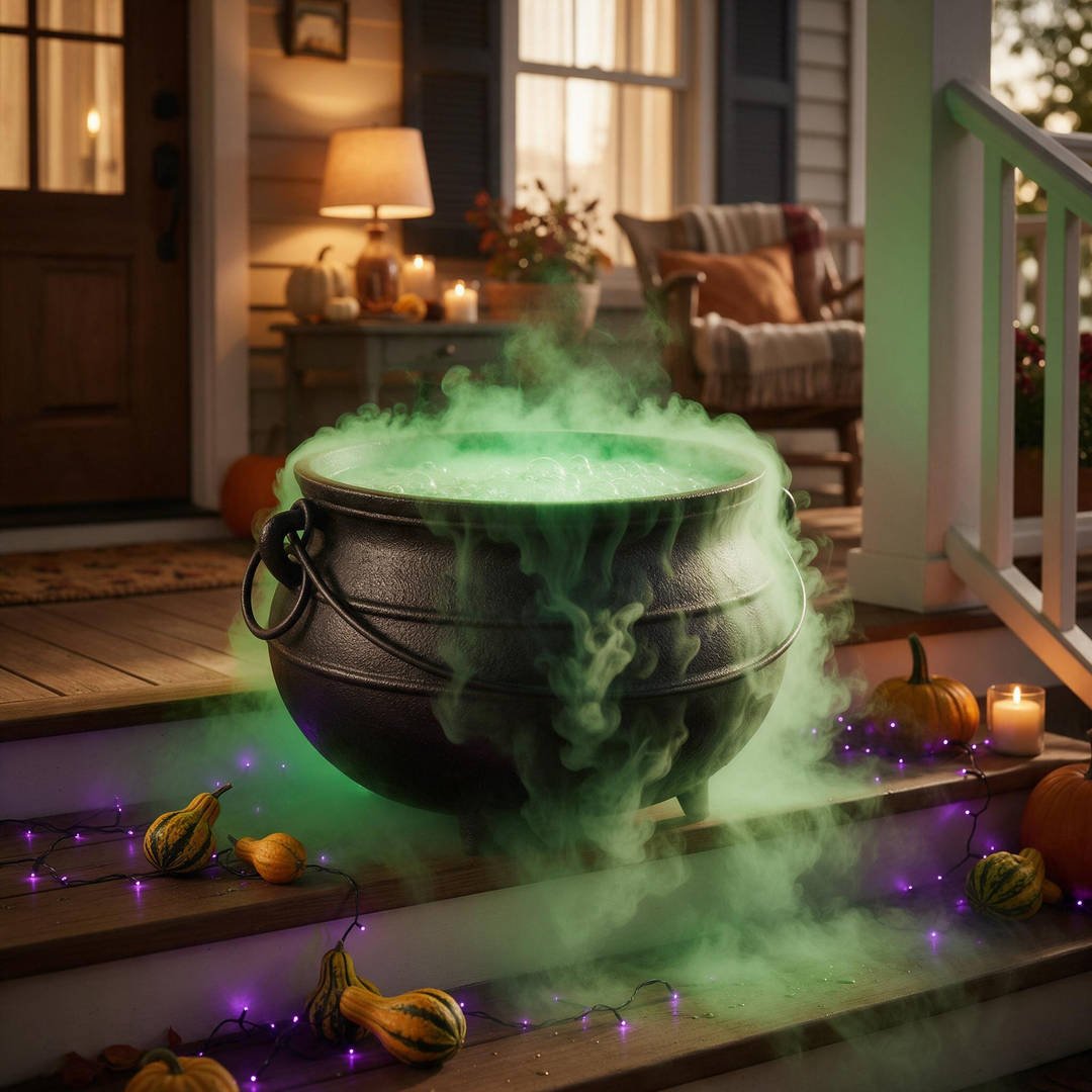 25+ Best Home Depot Halloween Decorations for 2026 (Viral Animatronics & Porch Decor!) 8 Large outdoor bubbling mist cauldron prop with green glowing fog on front steps
