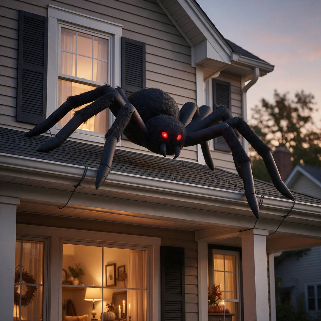 An 8-foot black inflatable spider with glowing red eyes secured across a front porch roof dormer at dusk