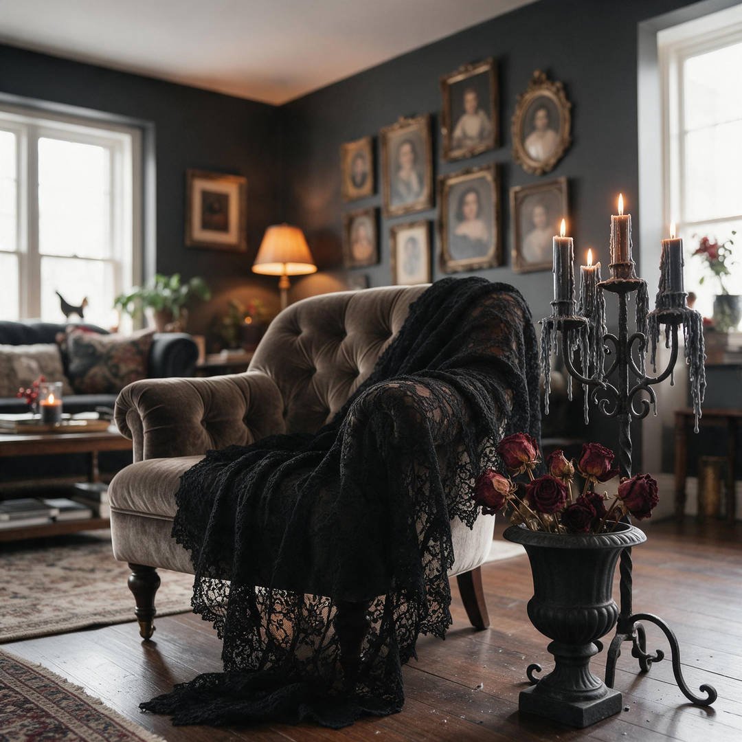 A dark dramatic Victorian parlor styled with charcoal velvet, antique portraits, and brass candelabras