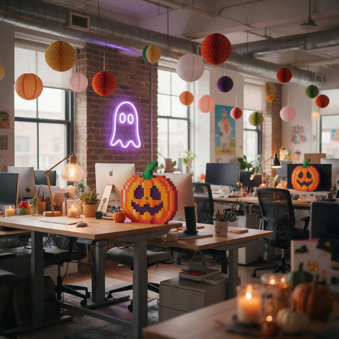 A vibrant tech startup open office space styled with colorful pixel art ghosts, neon signs, and friendly monsters