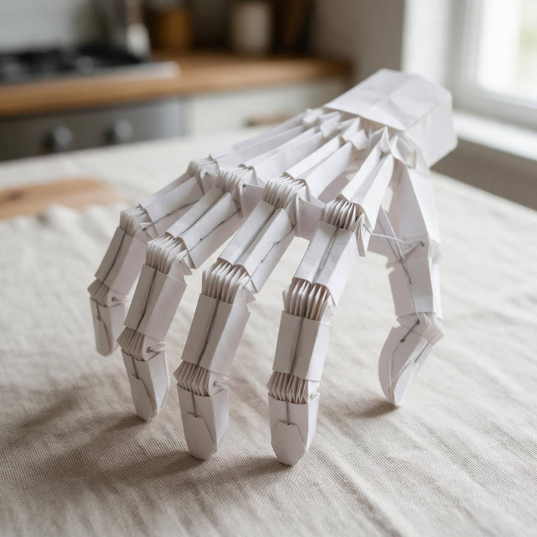 10 Moving Skeleton Hand Paper Crafts for Spooky STEM Fun 7 Origami Accordion-Joint Flexing Bone Hand - Folded white paper skeleton hand with accordion pleated spring knuckle joints