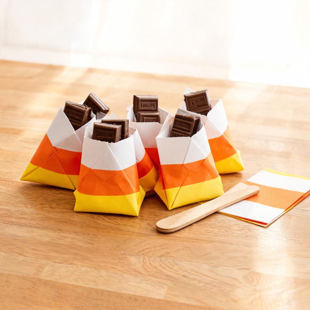 Origami Folded Candy Corn Paper Pouch - Tri-color yellow orange and white folded paper candy pouch