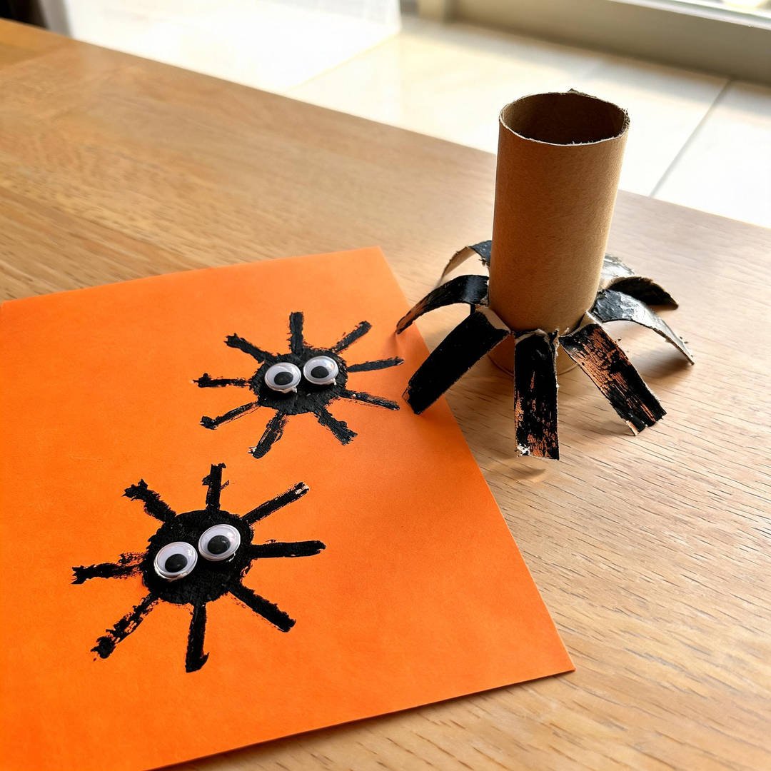 Toilet Paper Roll Stamped Spider - Fringed cardboard tube stamped in black paint creating spider prints on orange paper
