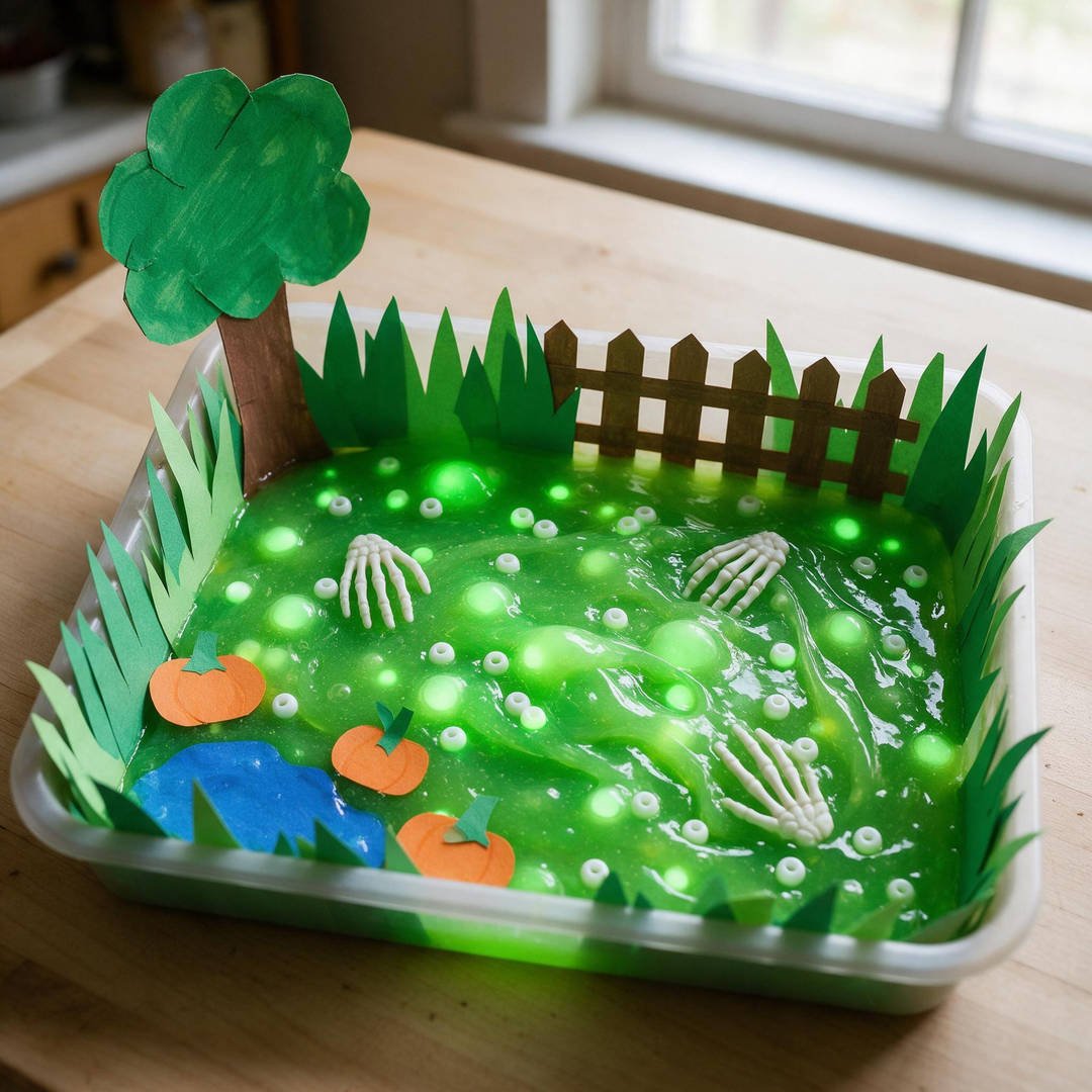 Phosphorescent Slime Ooze Swamp Bin - Stretchy green translucent slime swamp filled with floating glowing beads and plastic skeleton hands