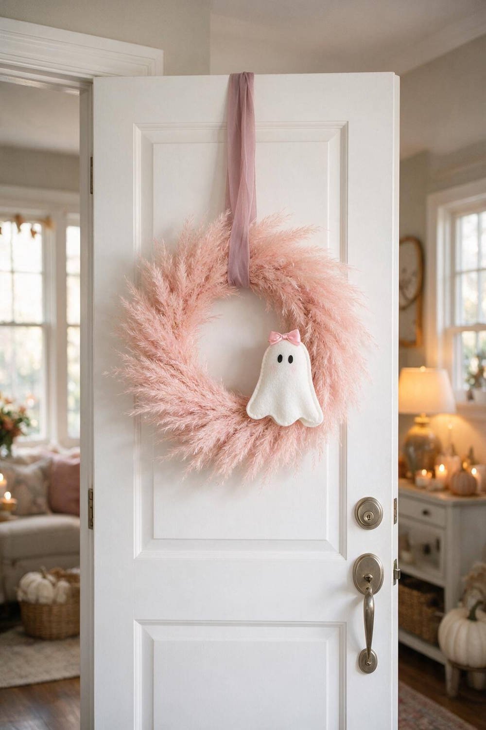A fluffy natural dried pampas grass wreath dyed blush pink with a miniature white felt ghost hanging on a white front door
