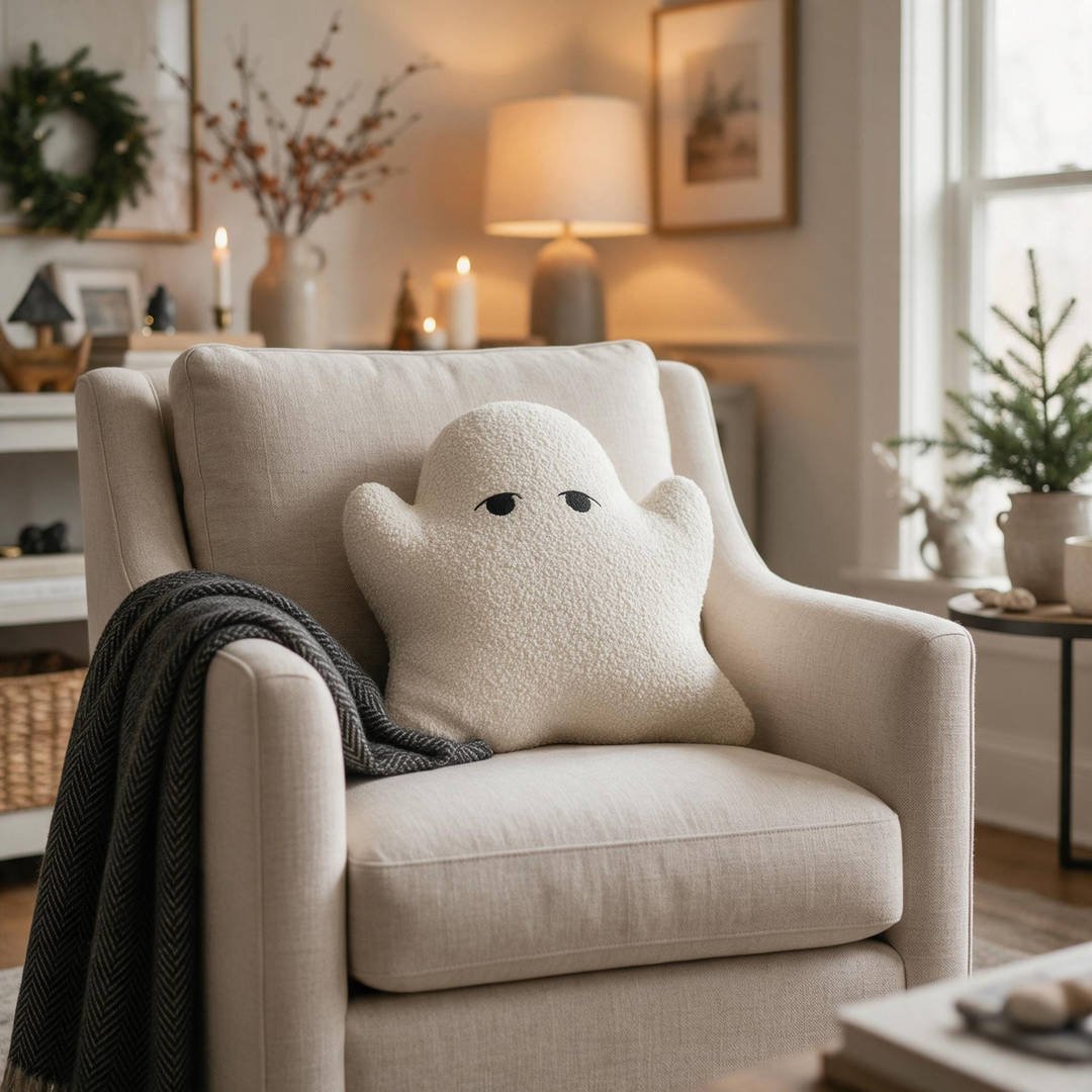 A minimalist cream boucle textured ghost throw pillow resting on a natural beige linen armchair with a fringed throw