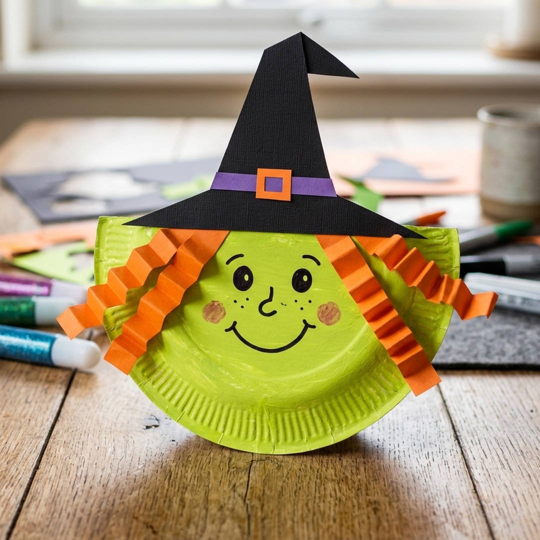 Rocking Paper Plate Green Witch - Folded lime green paper plate rocking witch craft wearing a tall pointed black cardstock hat