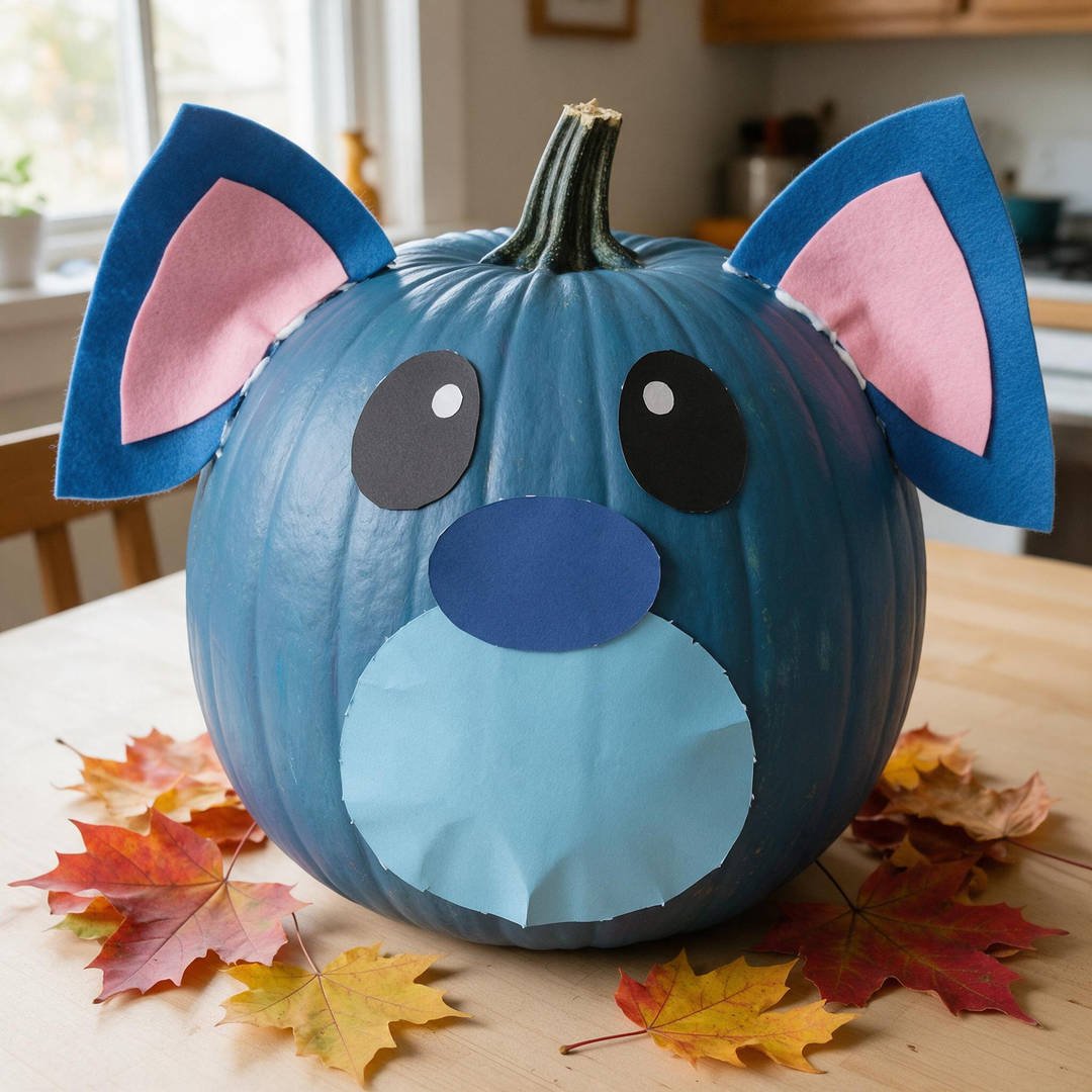 Stitch Blue Alien Pumpkin - Vibrant periwinkle blue painted pumpkin with large floppy blue and pink felt ears and cartoon alien eyes