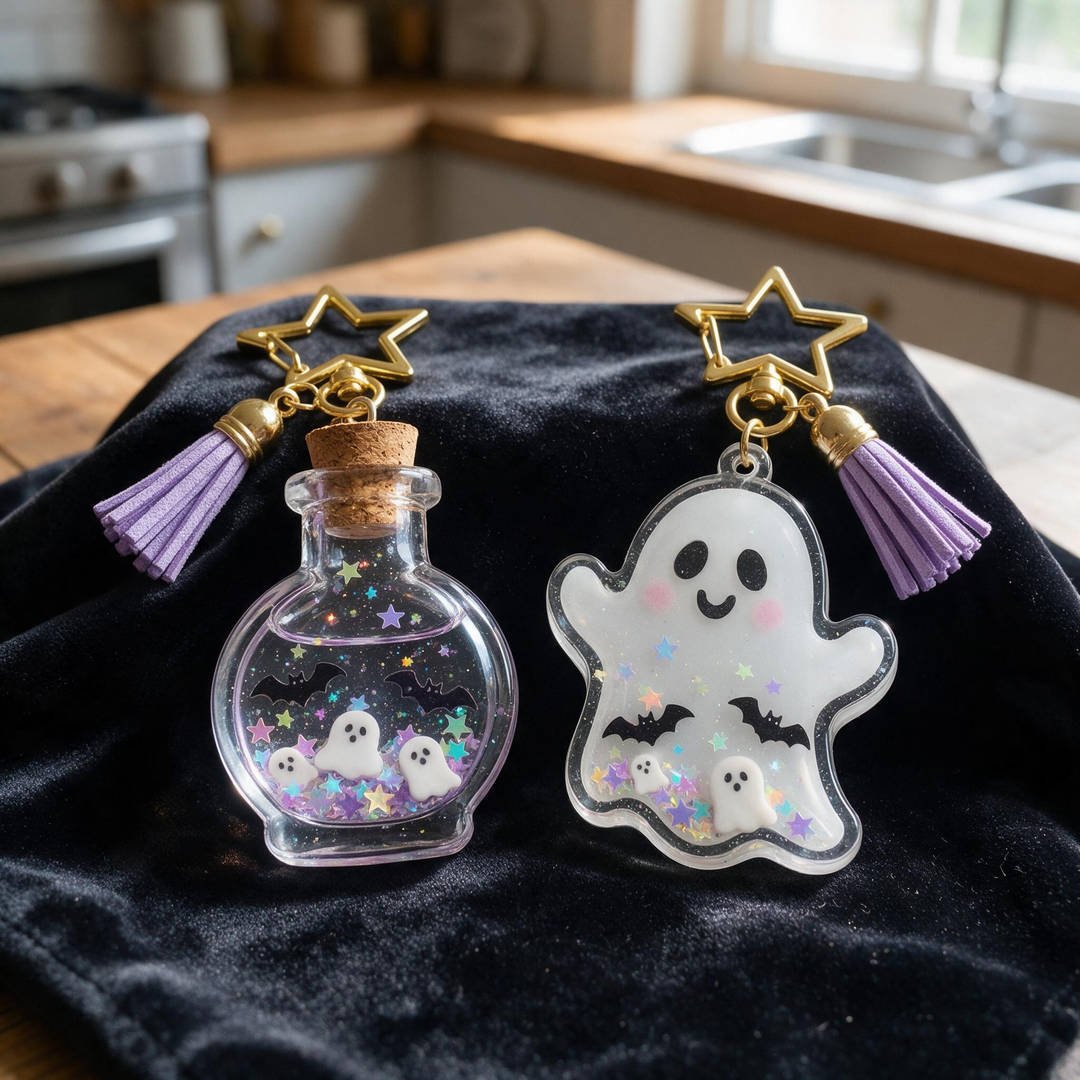 UV Resin Spooky Shaker Keychains - Crystal clear UV resin potion bottle keychains filled with floating glitter and ghost sequins