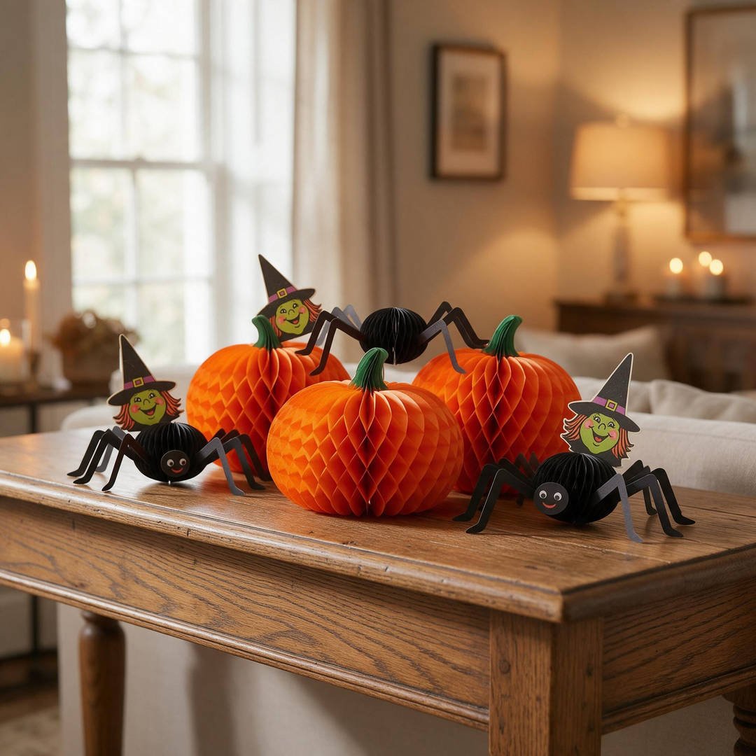A cluster of expanded orange honeycomb tissue paper pumpkins and fold-out cardstock black spiders on a wooden console