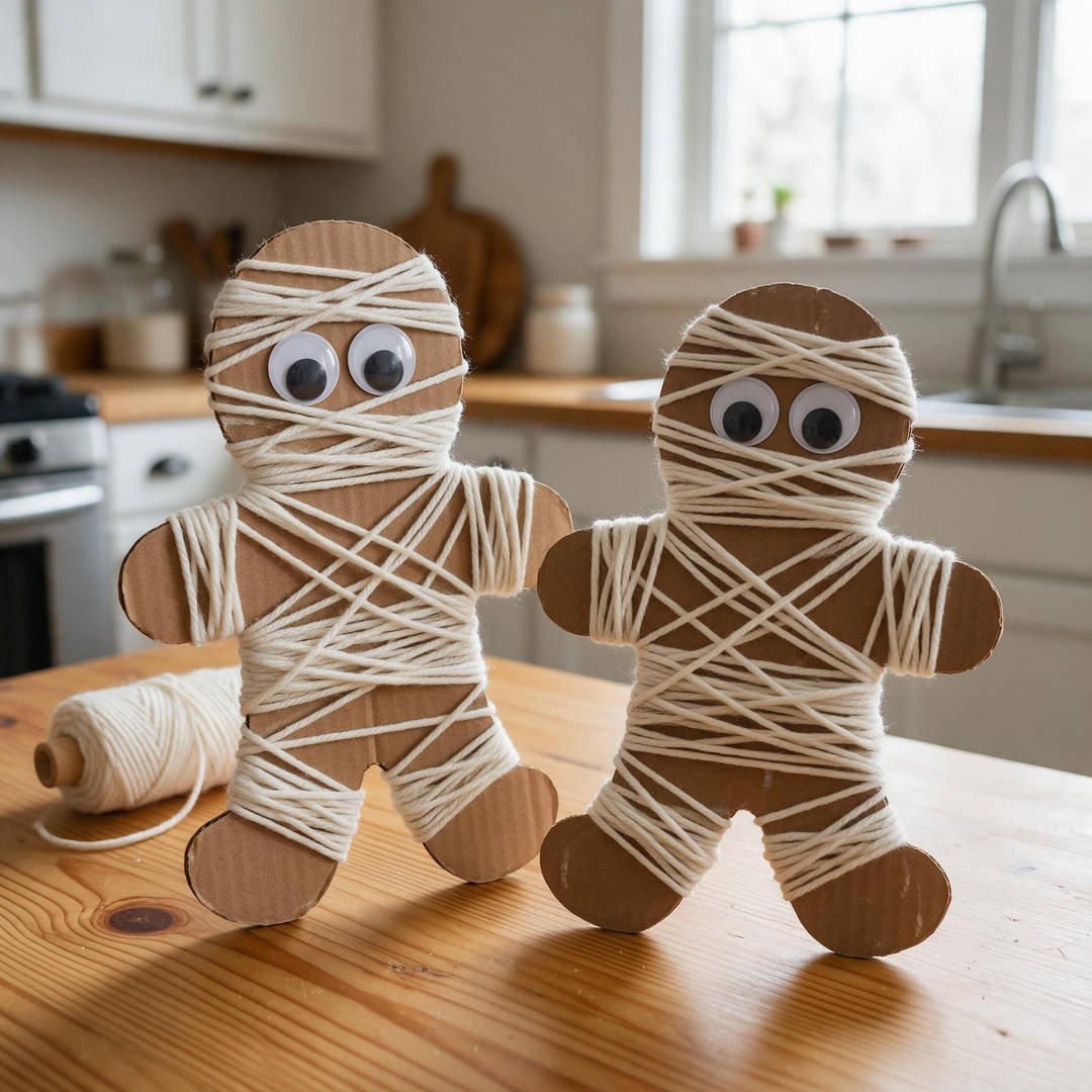 10 Easy Halloween Craft Ideas for Kids (Fun & Spooky DIYs) 7 Yarn-Wrapped Cardboard Mummy Keepsakes - Sturdy brown cardboard figure wrapped haphazardly with ivory yarn and large animated wiggle eyes