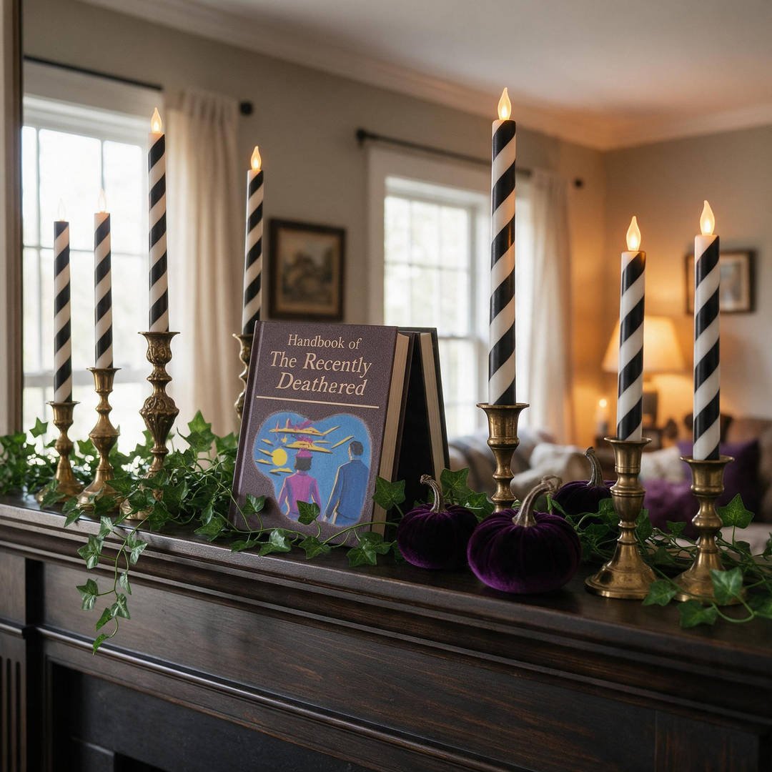 25+ Spooky Beetlejuice Halloween Decorations (Sandworm DIYs!) 9 A fireplace mantel styled with black-and-white striped taper candles, vintage brass candelabras, Handbook for the Recently Deceased, and creeping ivy