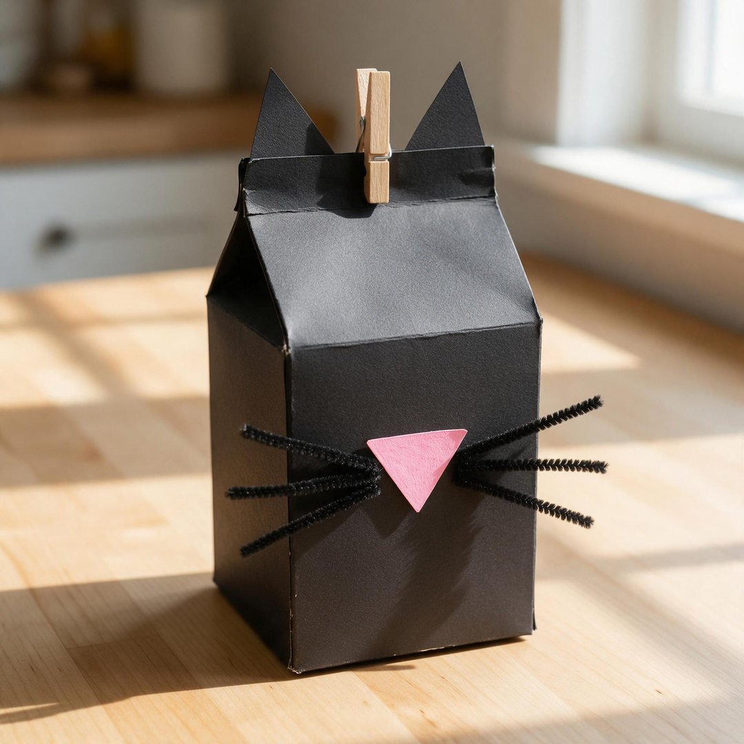 Black Cat Milk Carton Treat Box - Folded black paper mini milk carton with pointy cat ears and black chenille pipe cleaner whiskers