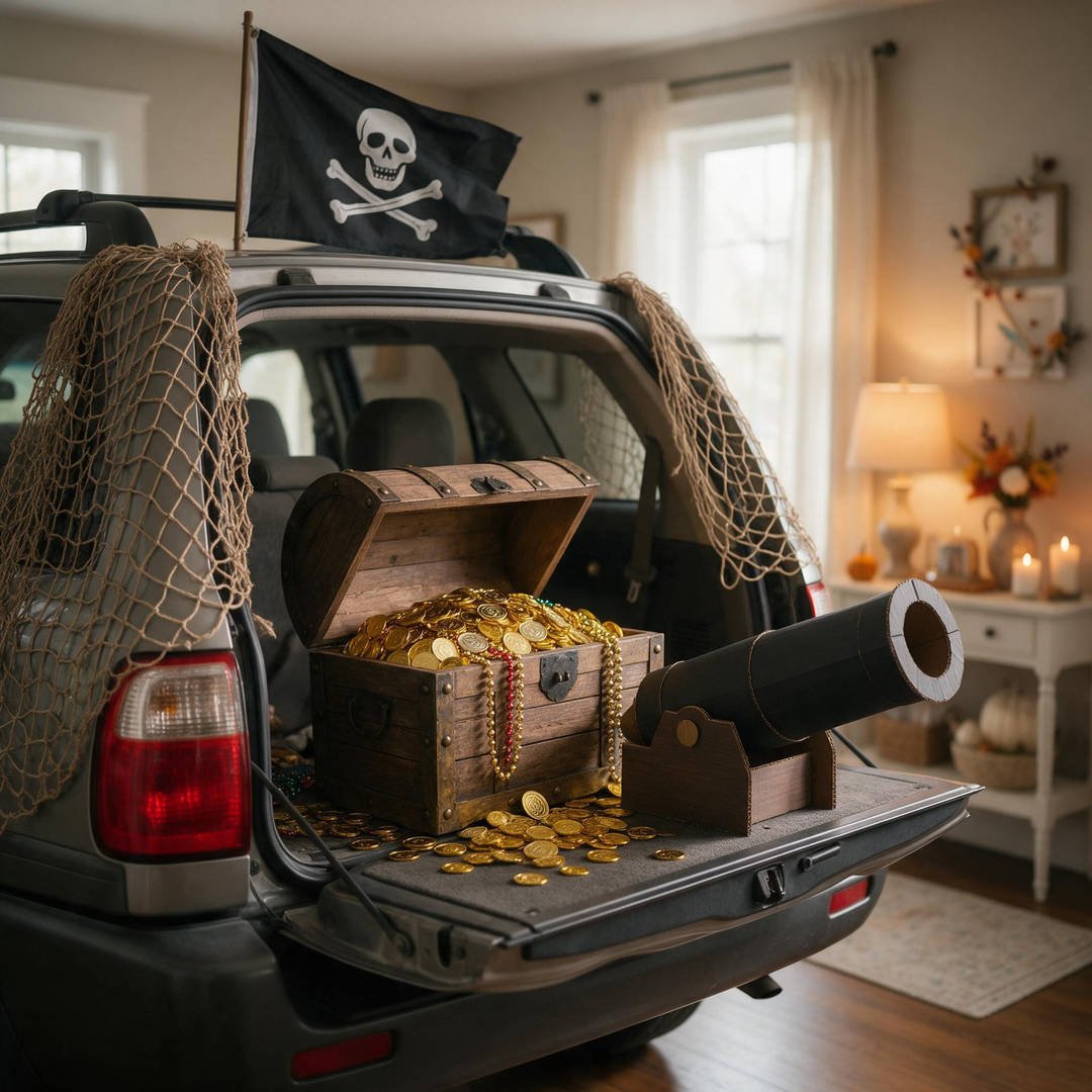 30+ Easy Car Halloween Decorations (Trunk or Treat Ideas!) 9 An SUV trunk styled as a pirate ship deck with nautical netting wooden barrels gold bead necklaces and cardboard cannon barrels