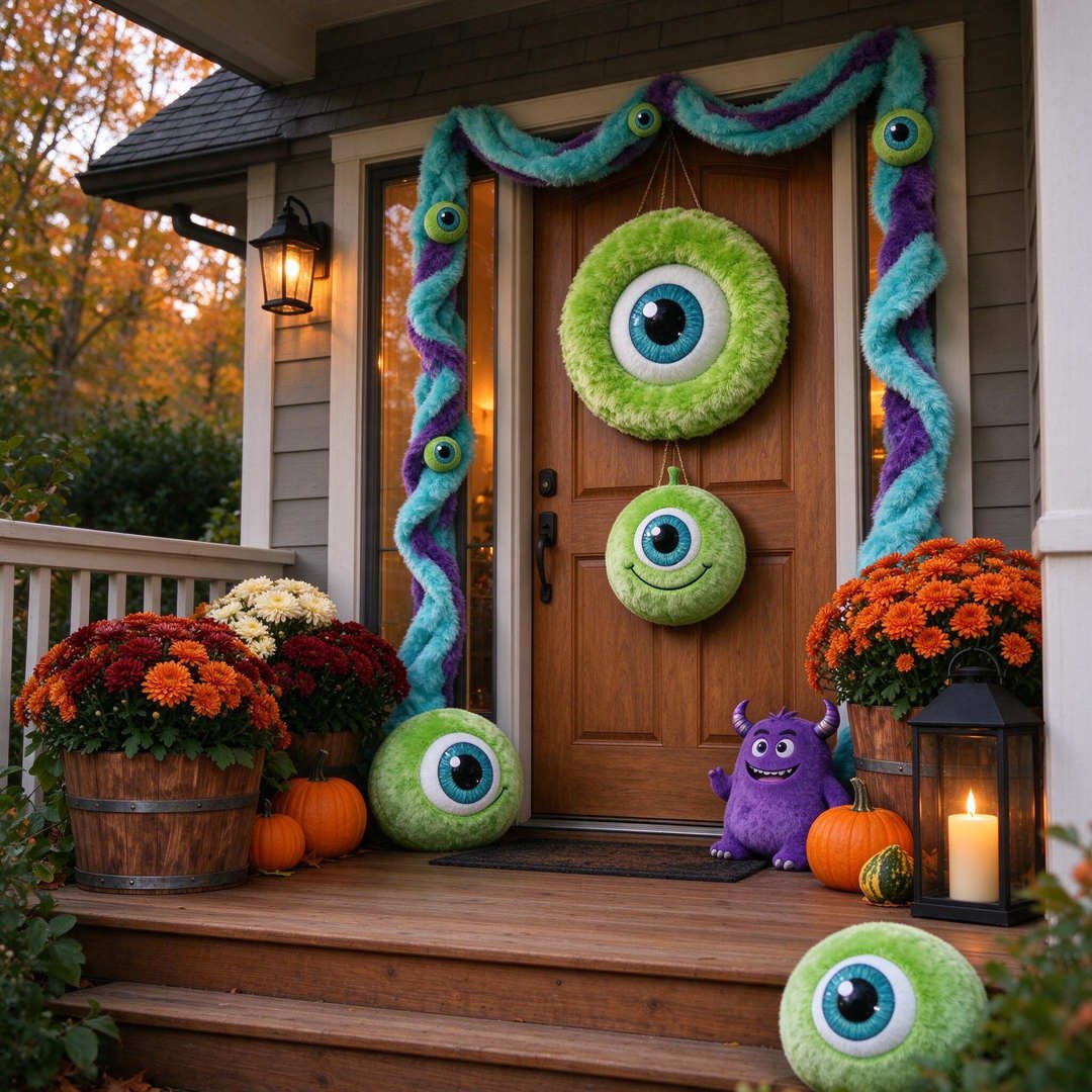 25+ Magical Disney Halloween Outdoor Decorations (Mickey Pumpkins & Haunted Mansion Ideas!) 9 Kid-friendly Monsters Inc themed outdoor porch decor with bright eyeball accents and colorful mums