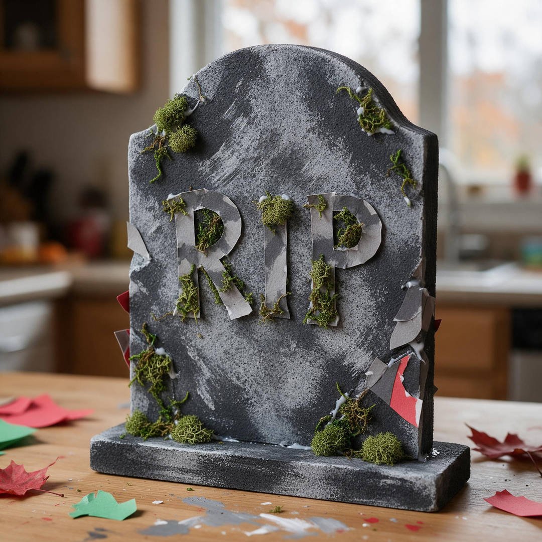 Dollar Tree Foam Headstone Mossy Upgrade - Inexpensive foam graveyard marker dry-brushed with granite gray and clumpy green moss