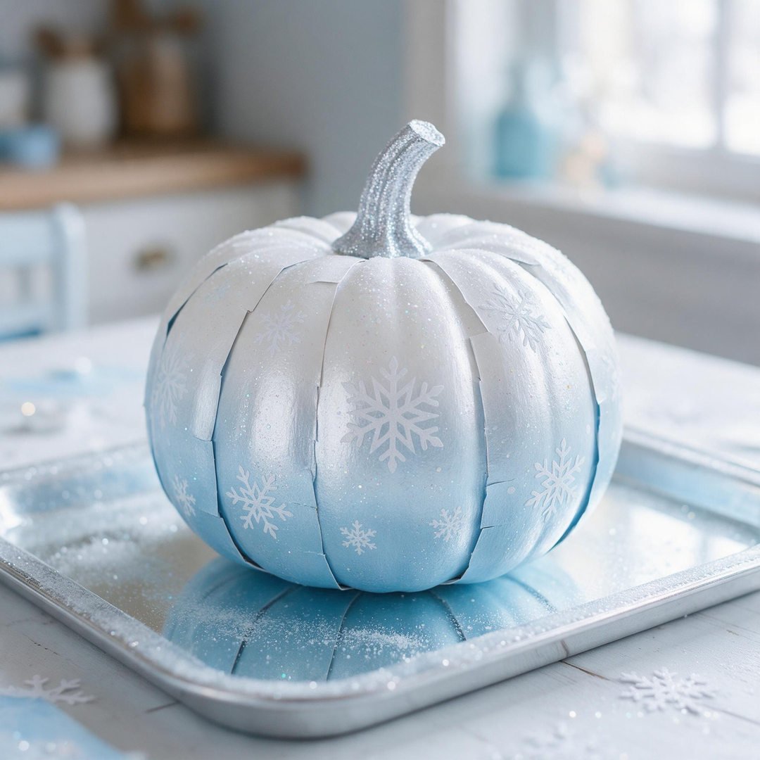Elsa Frozen Snowflake Sparkle Pumpkin - Icy blue metallic ombre painted pumpkin with crisp white snowflake stencils and iridescent glitter