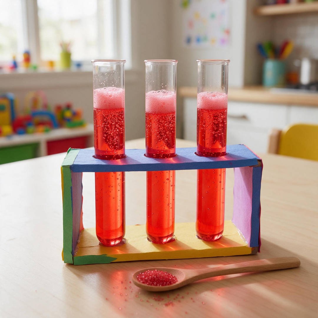 10 Kid-Safe DIY Potion Making Recipes for Halloween Fun 8 Fizzy Vampire Blood Vial - Clear scientific test tube rack holding vials of bubbling ruby red potion crackling with effervescence