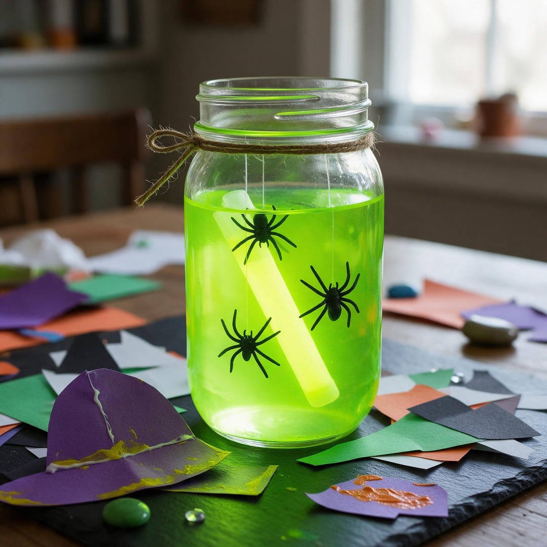 Glow Stick Floating Jar Luminaries - Glass canning jar filled with glowing neon green water and floating black plastic spiders
