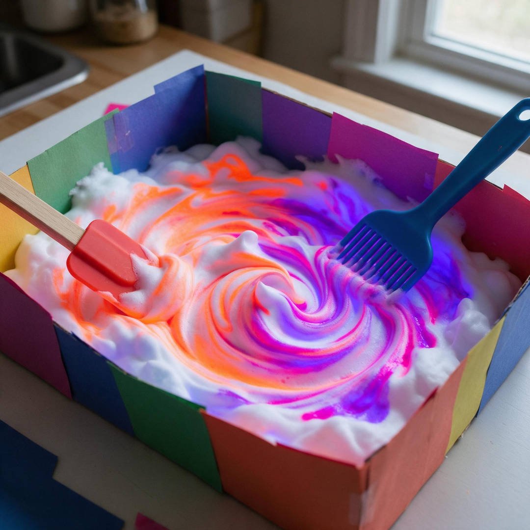 Glowing Shaving Cream Foam Cloud Bin - Fluffy white shaving cream clouds swirled with glowing neon orange and purple paint ribbons