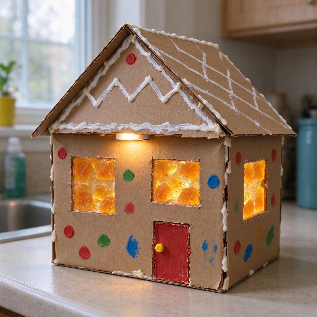 Glowing Window Sugar Glass House - Gingerbread haunted house with translucent amber melted hard candy windows illuminated from within