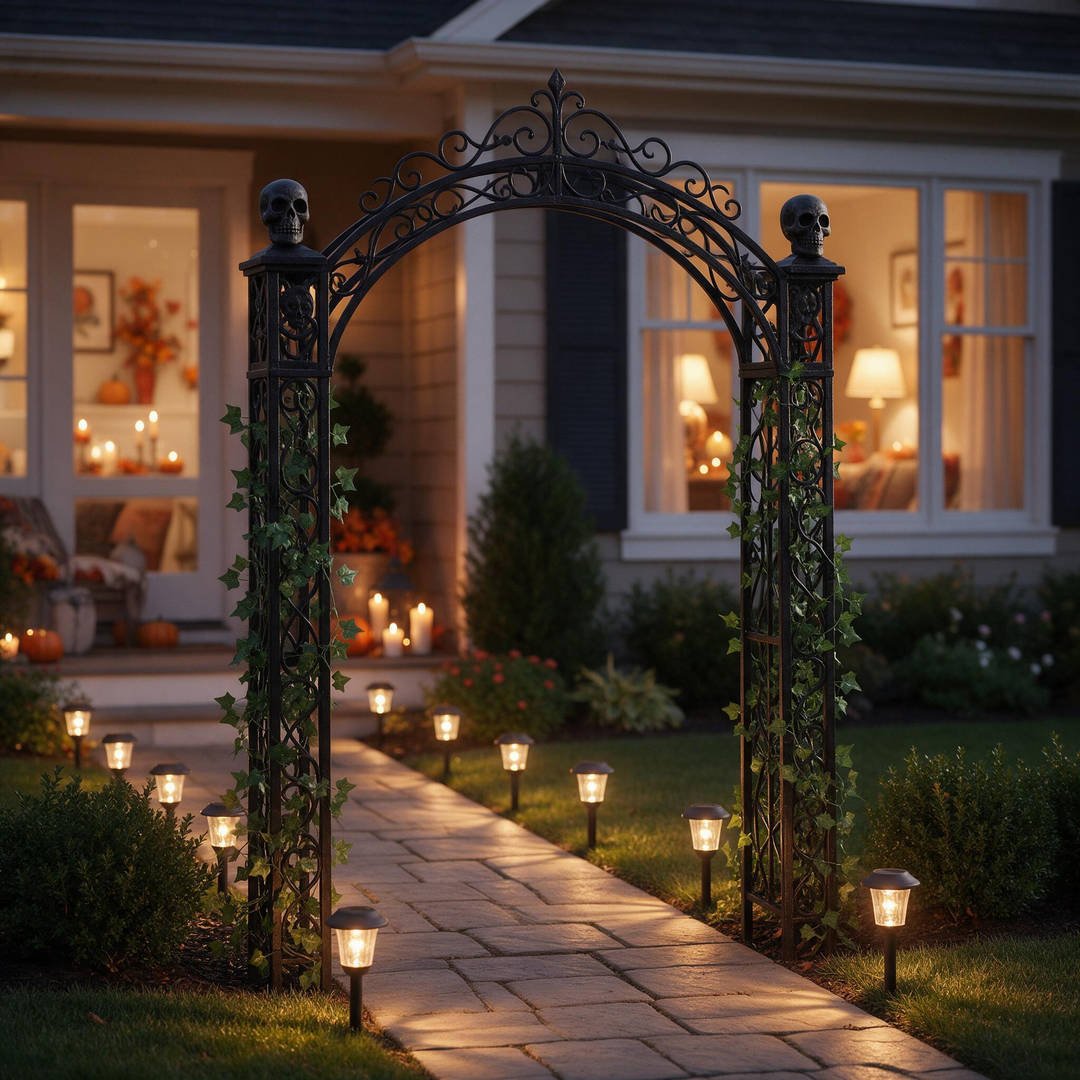 25+ Best Home Depot Halloween Decorations for 2026 (Viral Animatronics & Porch Decor!) 9 Gothic black wrought-iron decorative cemetery gate arch framing a front walkway
