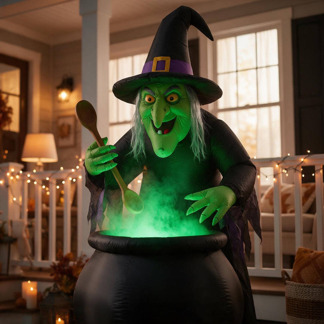 A 6-foot tall animated green-faced witch inflatable stirring a glowing neon-green bubbling cauldron on a lawn