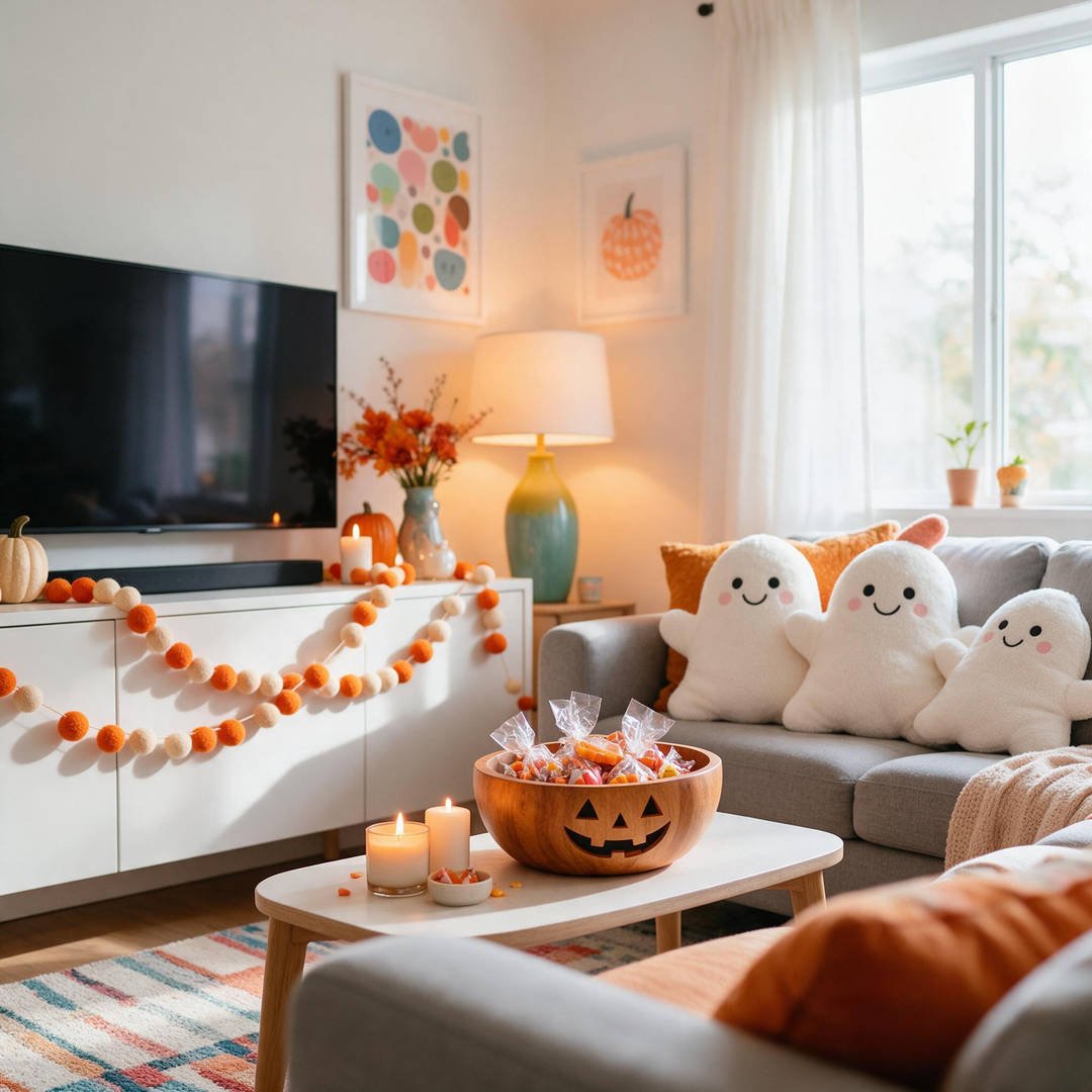 Bright family-friendly living room with smiling felt ghost bunting, friendly pumpkin pillows, and treat bowls
