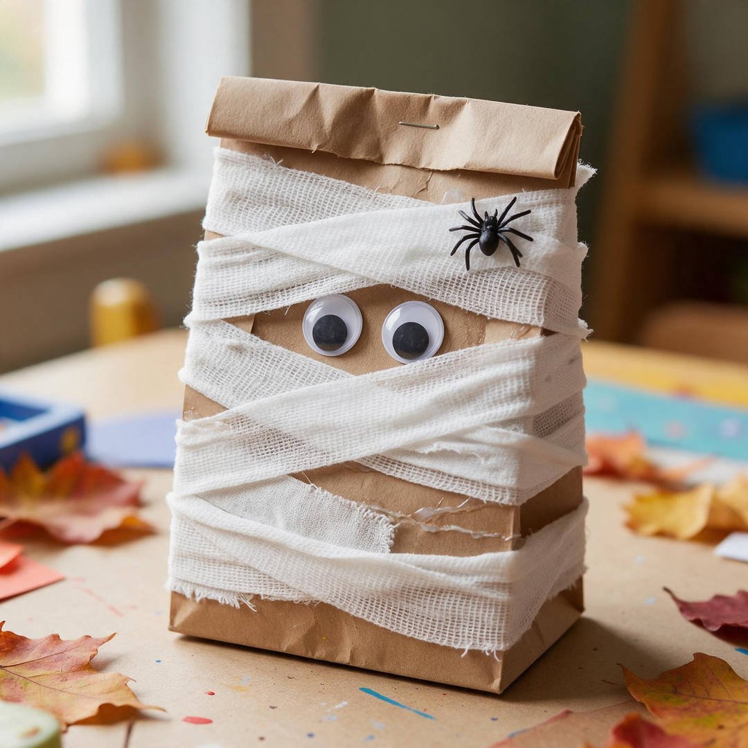 Mummy Gauze Candy Pouch - Brown kraft paper treat sack wrapped criss-cross with white gauze bandages and googly eyes
