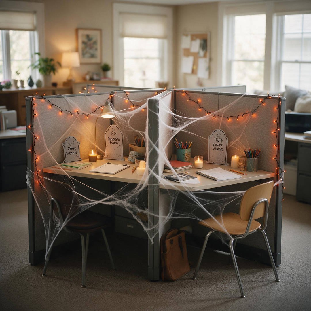 An collaborative office department transformed into a cheerful Haunted Cubicle Village with paper cobwebs and banners
