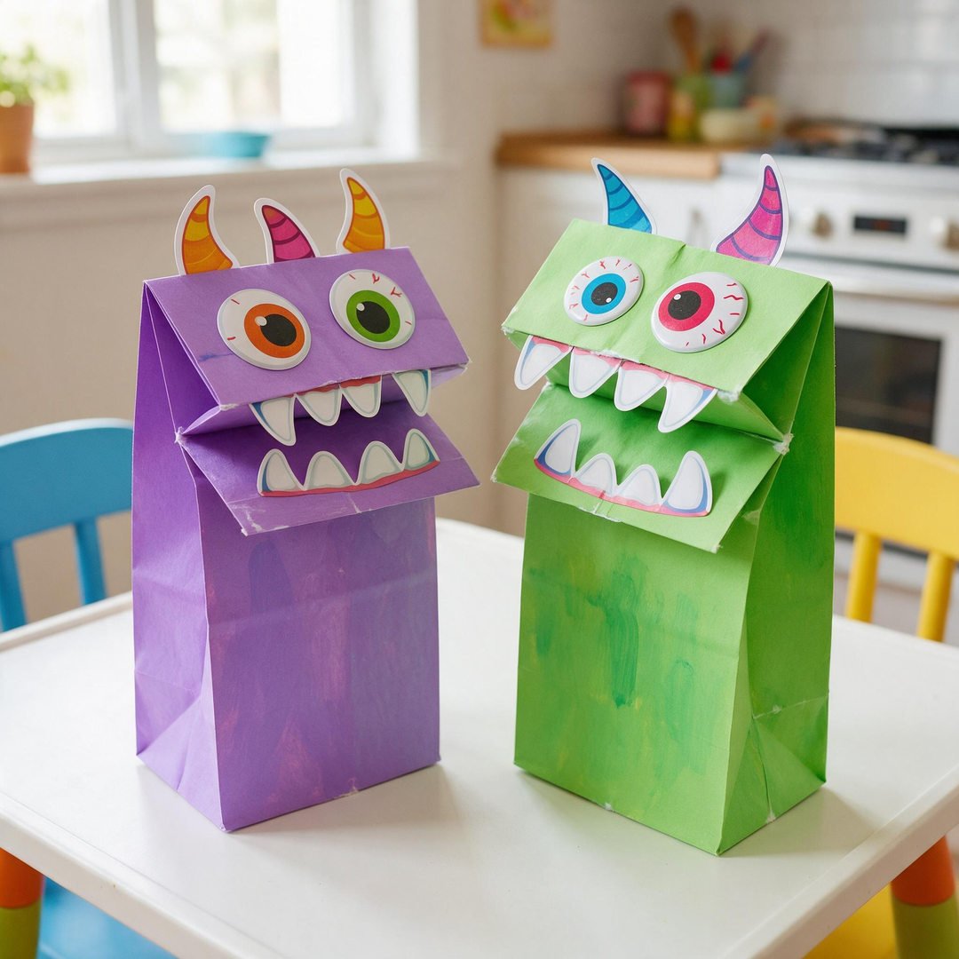 10 Easy No-Mess Halloween Crafts for Toddlers (Zero Cleanup) 8 Paper Bag Monster Puppets with Stickers - Bright purple and green paper lunch bags decorated with large peel-and-stick monster decal stickers