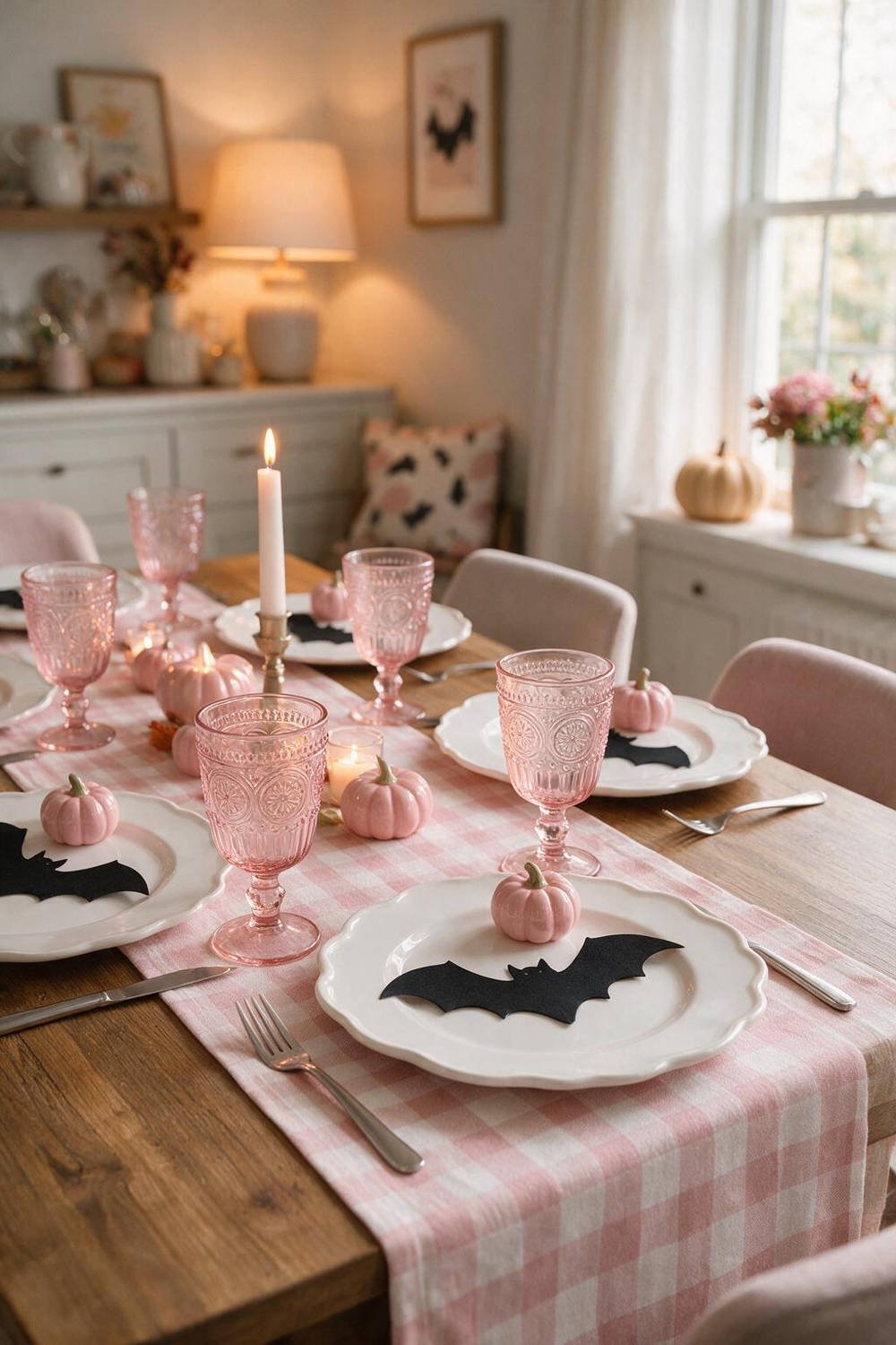 A playful Halloween dining party table with pink gingham napkins, ghost place cards, and vintage pink depression glassware